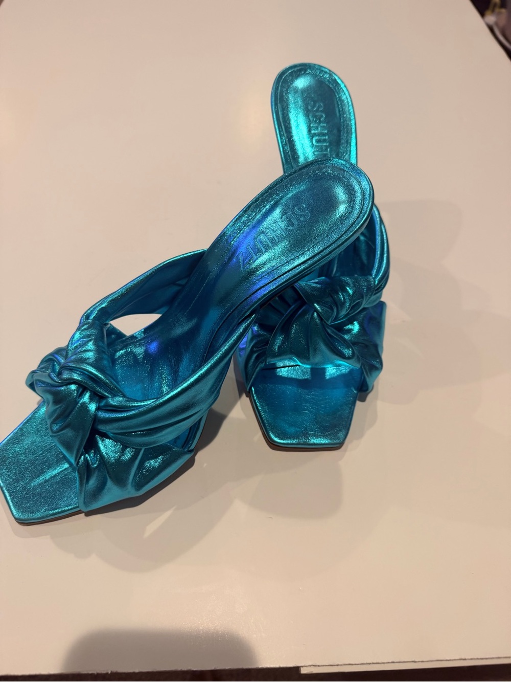 SCHUTZ Metallic Teal Knot Slip-On Heels - Picture 9 of 10